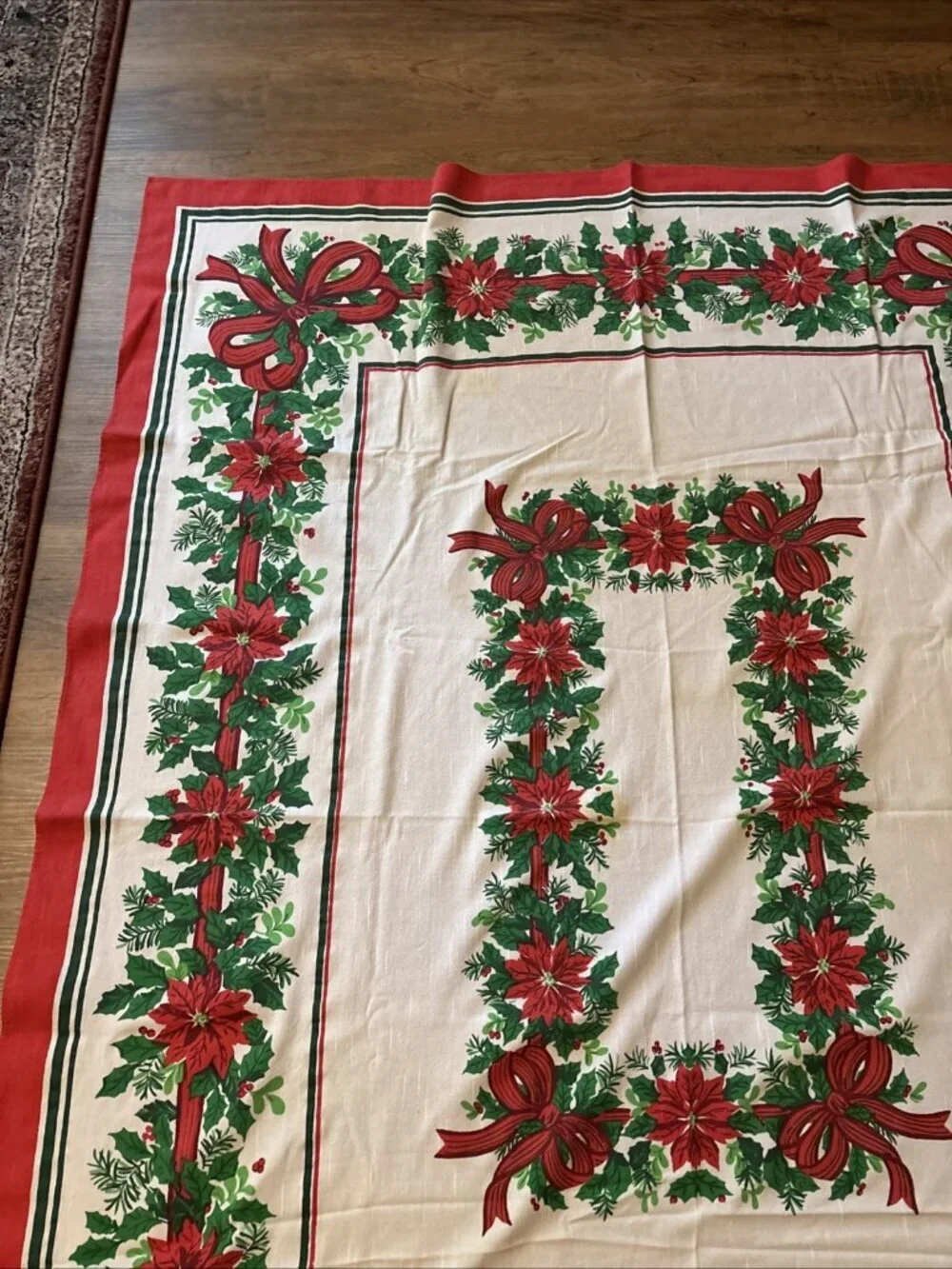 Large Festive Christmas Tablecloth Red Ribbons 65 X 52